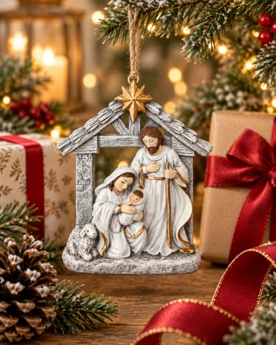 4 Grey Nativity Holy Family Resin Ornaments Christmas Set - Manger Scene