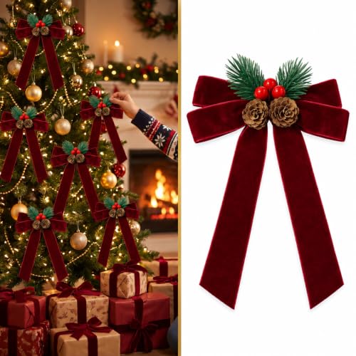 Burgundy Velvet Christmas Bow with Pine Cones - 6.3 Inch Holiday Wreath Decor
