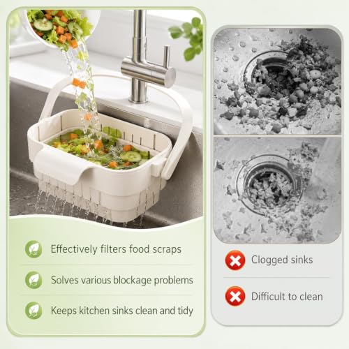 Cream White Foldable Sink Drain Basket - Expandable Kitchen Strainer with Flip Cover