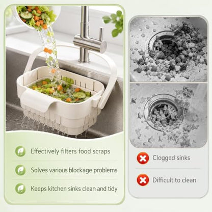 Cream White Foldable Sink Drain Basket - Expandable Kitchen Strainer with Flip Cover