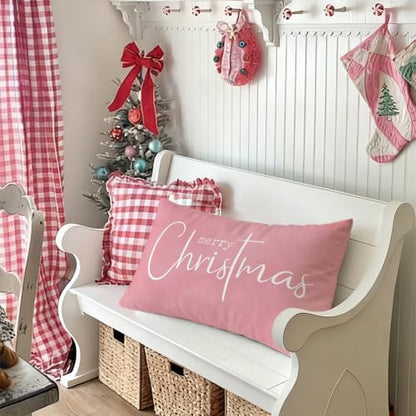 Pink Christmas Throw Pillow Cover 12x20 with Merry Christmas Design - Indoor Outdoor Home Decor - Variation: Pink Christmas