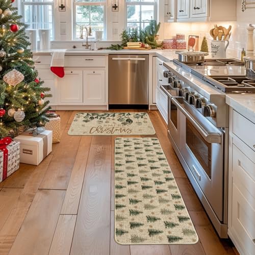 Holiday Christmas Tree Floor Mats Set of 2 - Non-Slip Kitchen Rugs 17x29 & 17x47 Inches