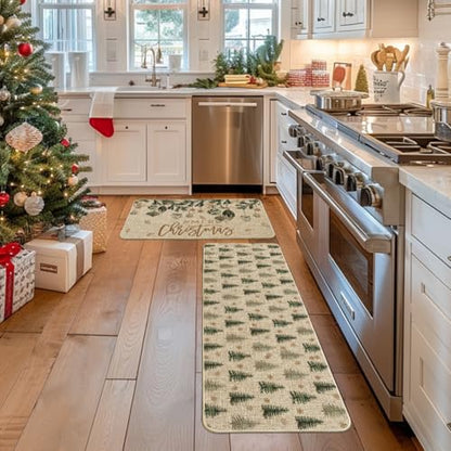 Holiday Christmas Tree Floor Mats Set of 2 - Non-Slip Kitchen Rugs 17x29 & 17x47 Inches