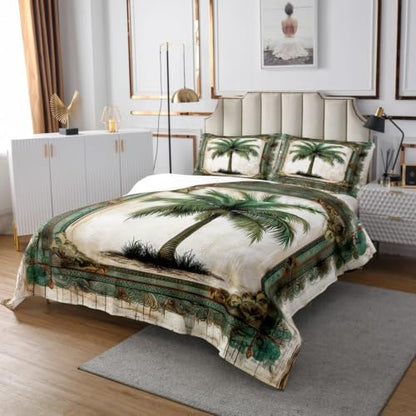Green Coconut Tree Quilt Set Queen Size Bedspread with Pillowcases - Tropical Decor