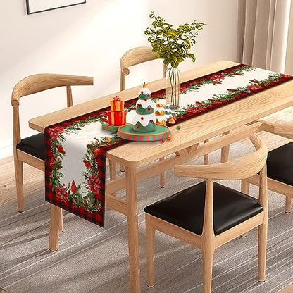 Holiday Christmas Table Runner 13x108 Inch Buffalo Plaid Poinsettia Holly