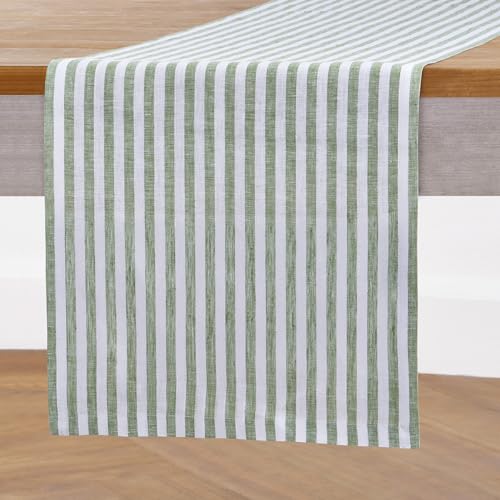 Solino Home 100% Linen Table Runner 14 x 120 Inch Green & White Stripe