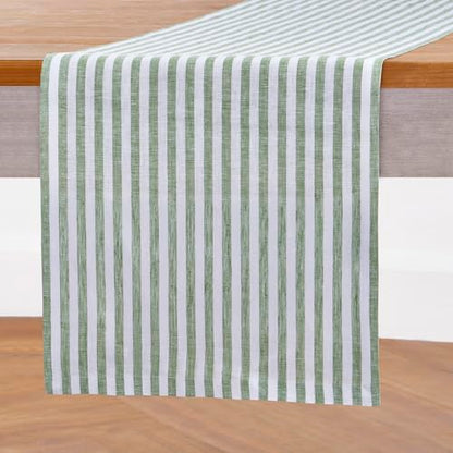Solino Home 100% Linen Table Runner 14 x 120 Inch Green & White Stripe