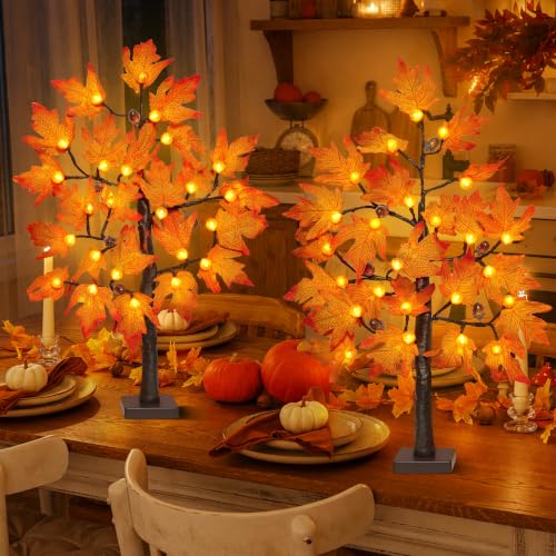 2 Pack 24-Inch Fall Maple Tree with Lights & Timer - Indoor Thanksgiving Decor Style 2