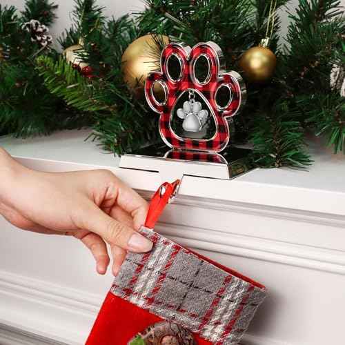 Hooqict Dog Paw Christmas Stocking Holder with Pendant for Mantel 3D Silver Metal Mantel Buffalo Plaid Stocking Holder Fireplace Decorations Christmas Stocking Hanger for Christmas Table Decor
