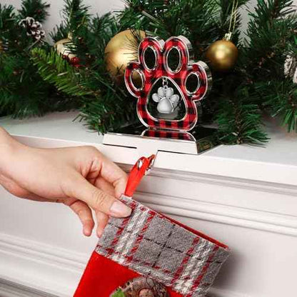 Hooqict Dog Paw Christmas Stocking Holder with Pendant for Mantel 3D Silver Metal Mantel Buffalo Plaid Stocking Holder Fireplace Decorations Christmas Stocking Hanger for Christmas Table Decor