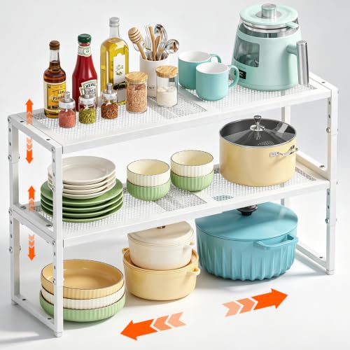 Expandable Adjustable Kitchen Shelf Organizer - Stackable Metal Storage Racks, 30LBS Capacity, 15.5-25.5 Inches