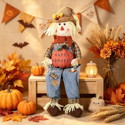 56-Inch Fall Harvest Sitting Scarecrow Decor for Autumn and Thanksgiving