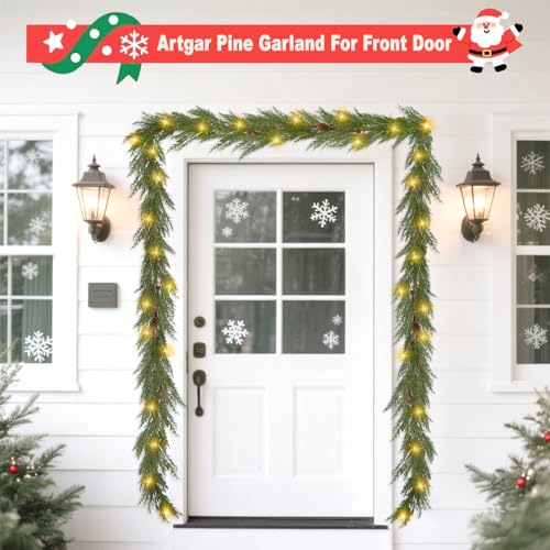 Green Christmas Cedar Garland 6 Ft Prelit with Pinecones & Lights
