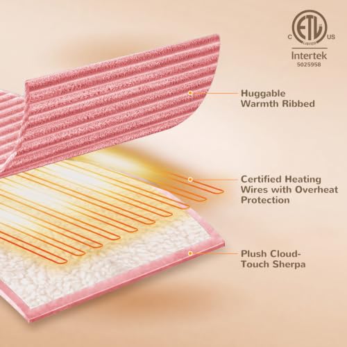 Pink Ribbed Electric Heated Throw Blanket - Soft Flannel with 5 Heat Levels, Gift for Women - Variation 01