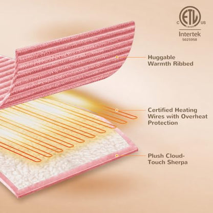 Pink Ribbed Electric Heated Throw Blanket - Soft Flannel with 5 Heat Levels, Gift for Women - Variation 01