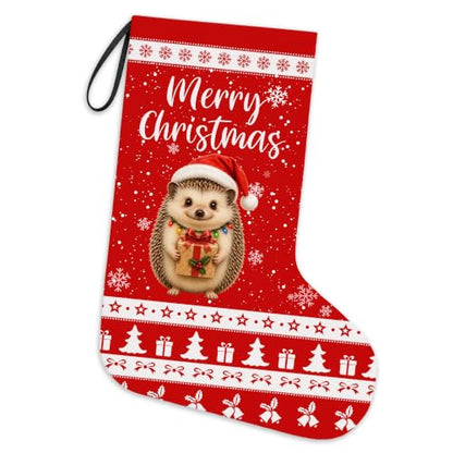 Hedgehog Christmas Stocking - Holiday Decor, Reusable Linen Gift Holder