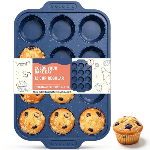 Silicone Muffin Pan with Metal Reinforced Frame - 12 Cups, Dark Blue