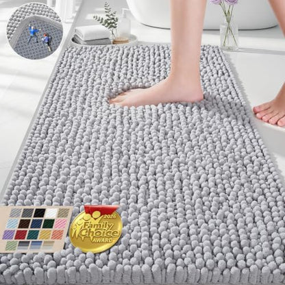 Grey Bathroom Rug 30x20 Chenille Non Slip Absorbent Quick Dry Bath Mat - Soft Floor Rug Set