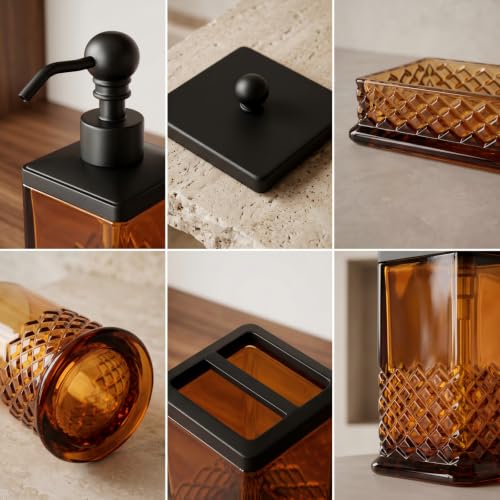 Amber Glass Bathroom Accessory Set - 5-Piece Vintage Style Accessories