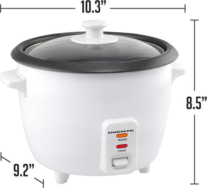 OVENTE Electric Rice Cooker - 10-Cup Capacity, Nonstick Pot & Steaming Basket Included | White RCS01W