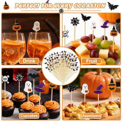 100PCS Halloween Skull Pumpkin Ghost Bat Food Skewers - Bamboo Cocktail Picks