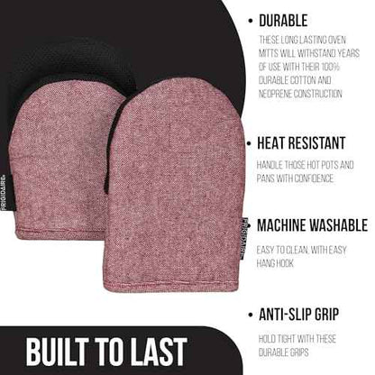 Frigidaire Sasha 2-Pack Cotton and Neoprene Mini Oven Mitts, Heat Resistant, Anti-Slip, Machine Washable, 5.25" x 8", Red, Set of 2