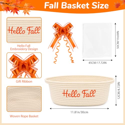 Hello Fall Woven Cotton Rope Gift Basket with Embroidered Hello Fall and Decorative Bow