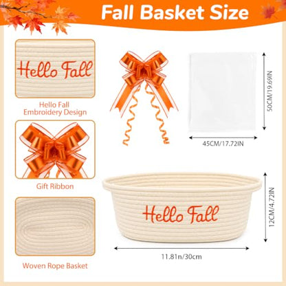 Hello Fall Woven Cotton Rope Gift Basket with Embroidered Hello Fall and Decorative Bow