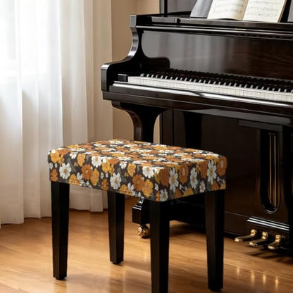 Jeiento Retro Orange Daisy Flower Piano Bench Cover Small - Non-Slip Elastic Seat Protector