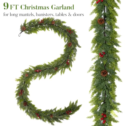 Cedar Green 9FT Prelit Christmas Garland with Lights, Red Berries & Pine Cones