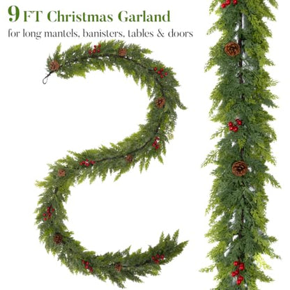 Cedar Green 9FT Prelit Christmas Garland with Lights, Red Berries & Pine Cones