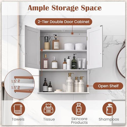 White Bathroom Wall Cabinet with Adjustable Shelf & 2 Doors - Modern Storage