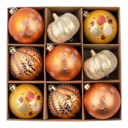 Autumn Glow 9ct 3.15in Fall Ornaments, 9 Pack, Orange-Gold, Shatterproof Christmas Tree Decorations