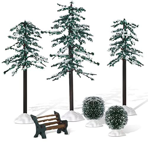 Christmas Village Snow Pine Trees & Accessories Set - 6 Pieces