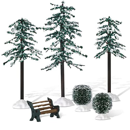 Christmas Village Snow Pine Trees & Accessories Set - 6 Pieces