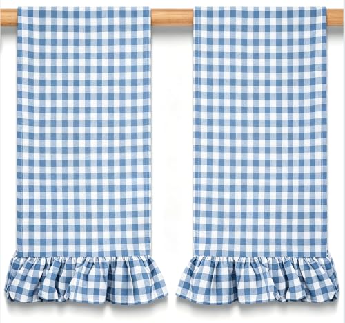 Gingham Kitchen Towels 2-Pack Cotton Ruffled Dish Towels 18x28 Inches - Blue