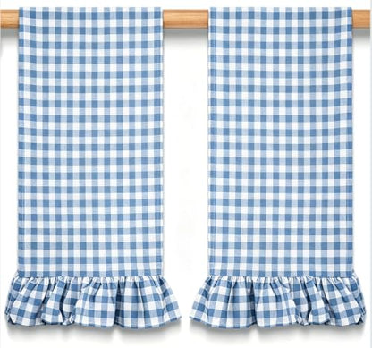 Gingham Kitchen Towels 2-Pack Cotton Ruffled Dish Towels 18x28 Inches - Blue