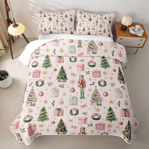 Manfei Quilted Bedspread Set Queen Size 3 Pieces Pink Green - Includes 1 Quilt & 2 Pillowcases