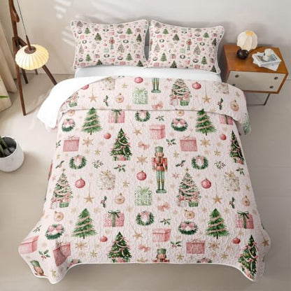 Manfei Quilted Bedspread Set Queen Size 3 Pieces Pink Green - Includes 1 Quilt & 2 Pillowcases