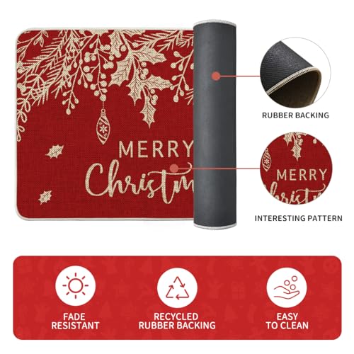 Christmas Holly Pine Branch Kitchen Mats Set of 2 - 24x35 & 24x59 Inches, Red Variation