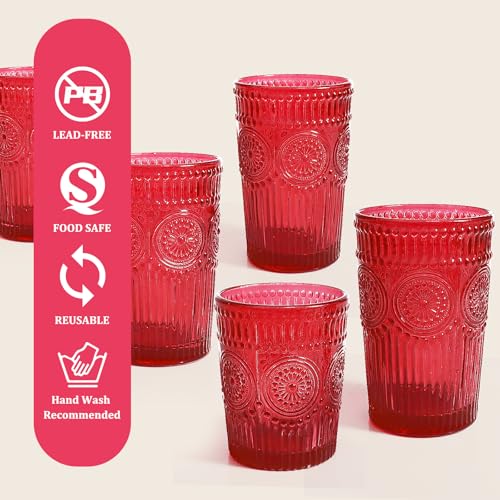 12 Pcs Vintage Highball Glass Set - 12oz & 9oz Embossed Ribbed Tumblers, Sunflower Pattern, Christmas Red (Variation: Red)