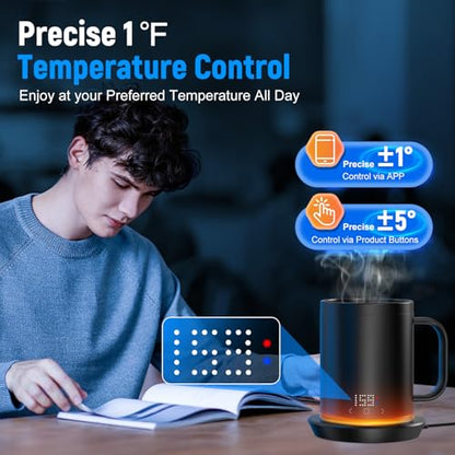 Rechargeable Self-Heating Coffee Mug with App Control, 150 Min Battery, LCD Screen, 14 Oz