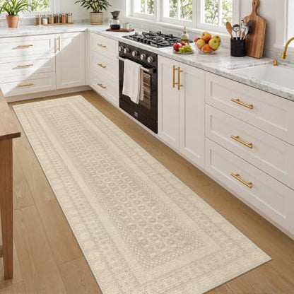 2x6 Washable Kitchen Runner Rug Beige Non Slip Textured Vintage Design