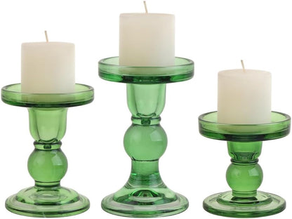 Skiennix 3-Piece Green Glass Candlestick Set - Elegant Crystal Holders for Weddings & Home Decor