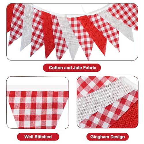 Red & White Triangle Bunting Banner - 32Ft Gingham Fabric Party Decor