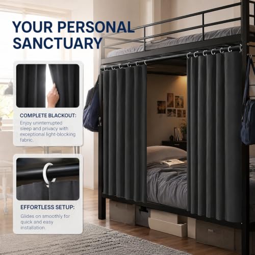 Twin XL Bunk Bed Curtain Set - Black, 47 x 78.7 Inches, Pack of 2 - Blackout Privacy Panels for Dorms