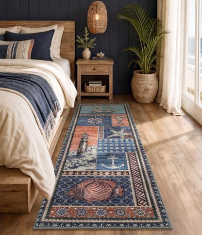 Vintage Nautical Area Rug 2x6 Washable Non-Slip Coastal Runner