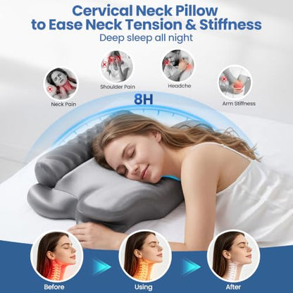 Kurcodw Grey Cervical Pillow for Neck Pain Relief & Side Sleepers 2-in-1 Support