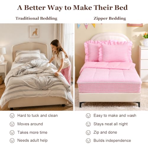 Kids Zipper Bedding Set Twin Gingham Comforter Pink Ruffle for Girls