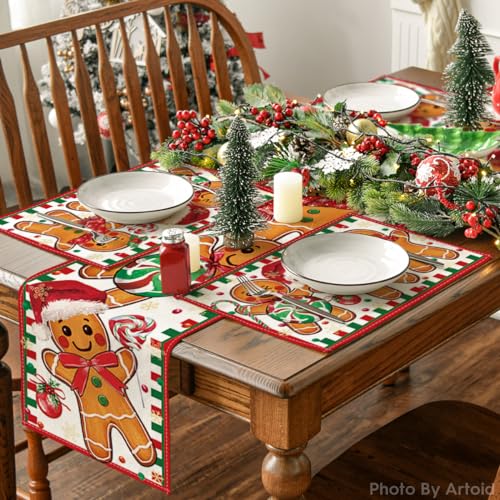 12x18 Inch Christmas Gingerbread Candy Cane Placemats Set of 8 - Holiday Table Decor